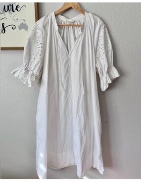 H&M large cotton embroidered puff sleeve midi dress